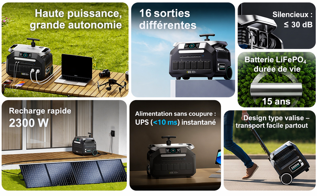 Générateur NomadView : haute puissance, 16 sorties, silencieux, batterie LiFePO4 15 ans, recharge rapide 2300W, UPS, design valise